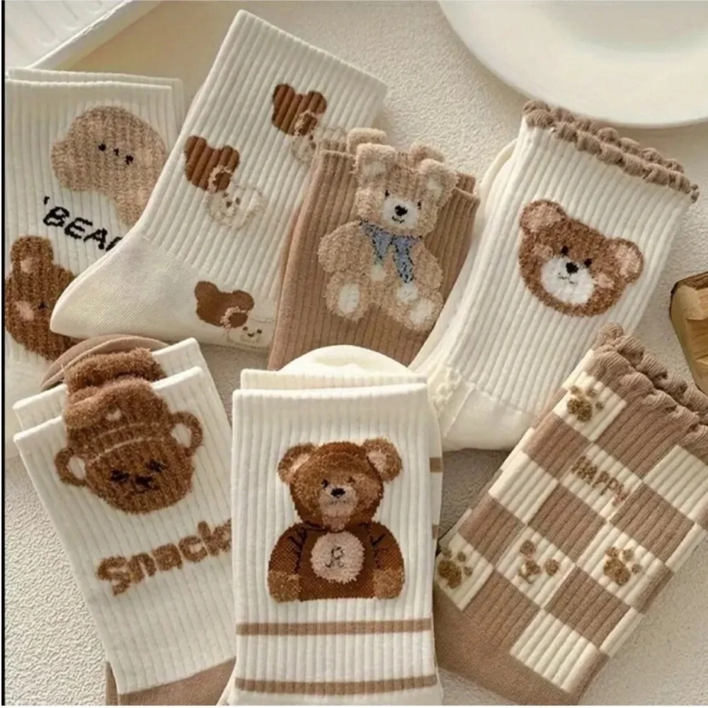Women’s Brown Teddy Bear Knitted Socks & Hosiery Soft Breathable Mid Calf Length